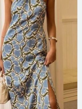 Commense Blue Patterned Midi Slip Dress with Slit NWT